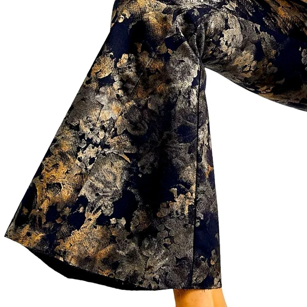 Free People Inferno Stretch Denim Metallic Abstract Floral‎ Raw Hem Flare Jeans